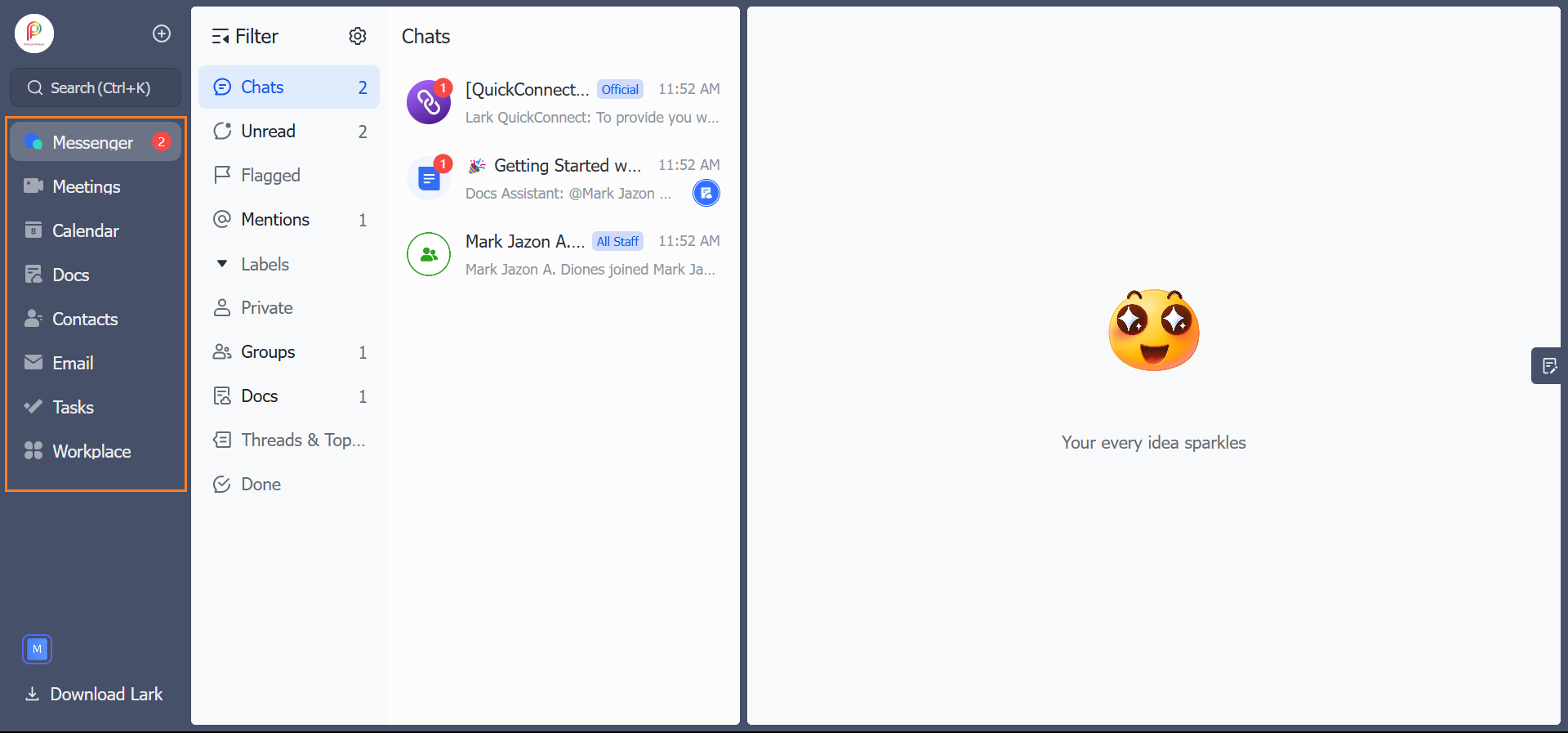 This is the core features of Lark located on the sidebar menu bar.