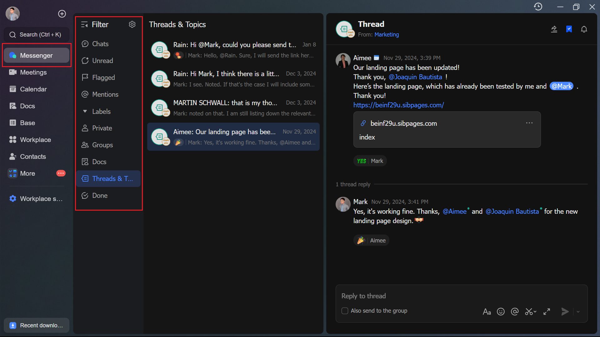 This is the Lark Messenger where user can easily communicate with the teams.