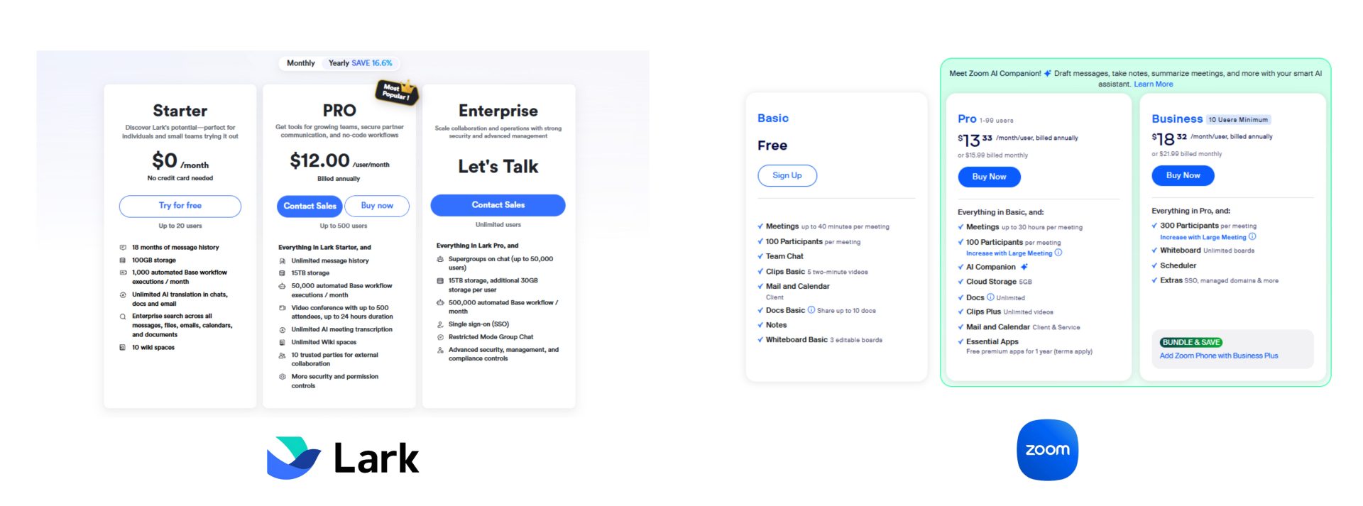 This is the pricing plan of Lark and zoom.