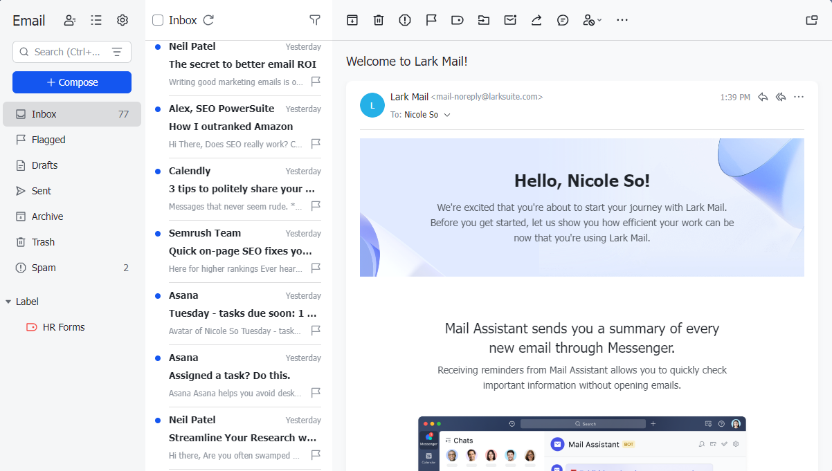 Lark has an in-app email platform that can connect to third-party email applications.