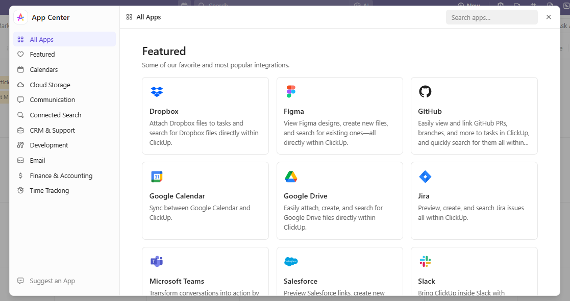 ClickUp App Center found in the Quick Action menu