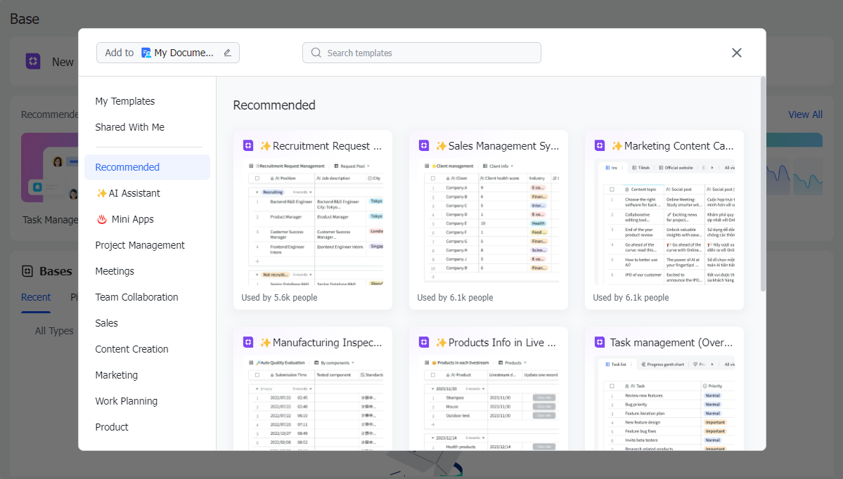 Lark Base automatically starts by opening a template menu.