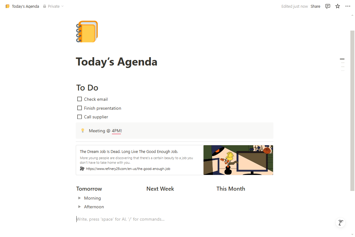 Sample of a Notion page using blocks for headings, a to-do list, callout, web bookmark, and a toggle list