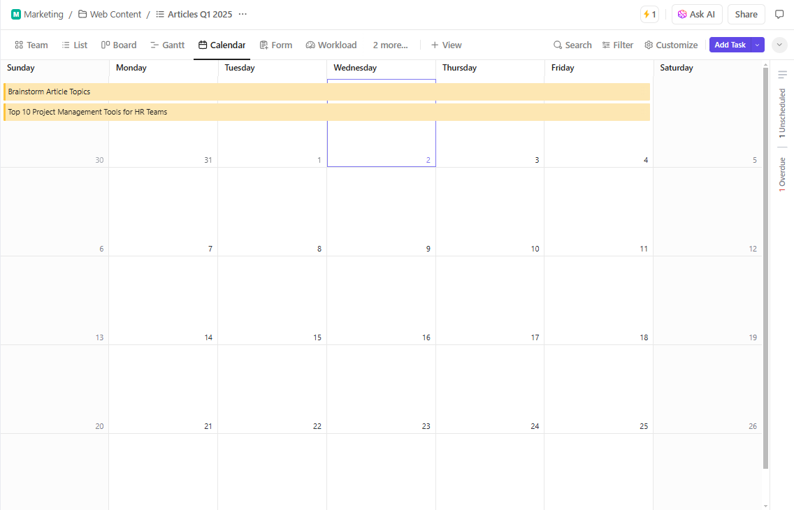 A ClickUp space in calendar view