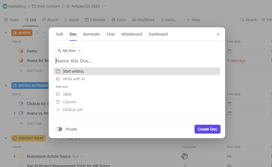 ClickUp Doc window opened through the New button above the interface