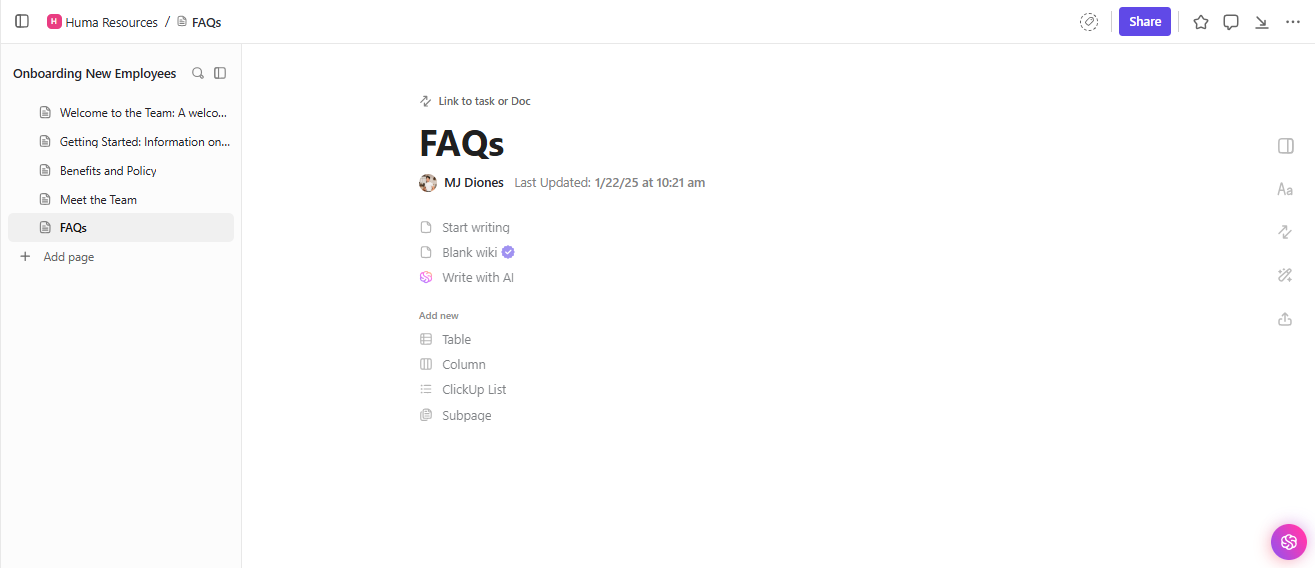 A sample ClickUp Doc with AI features