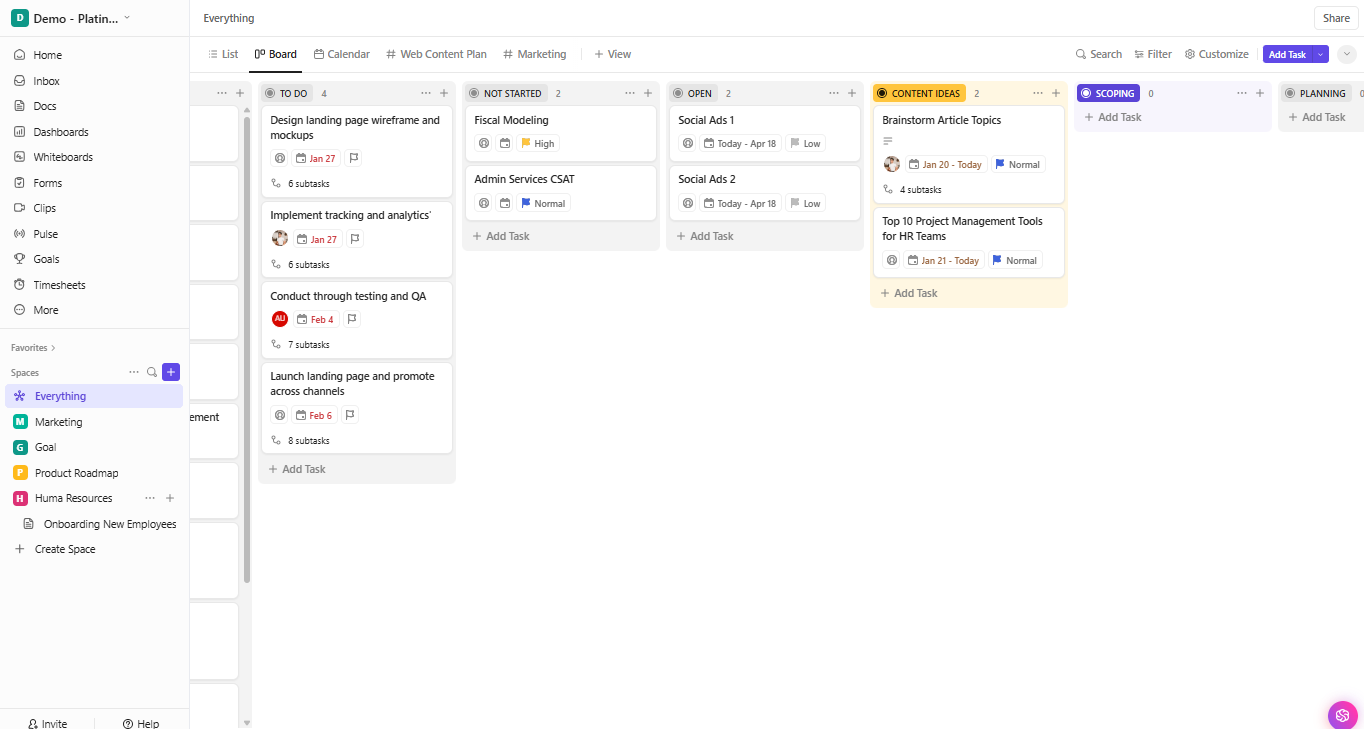 ClickUp Everything View in Kanban View