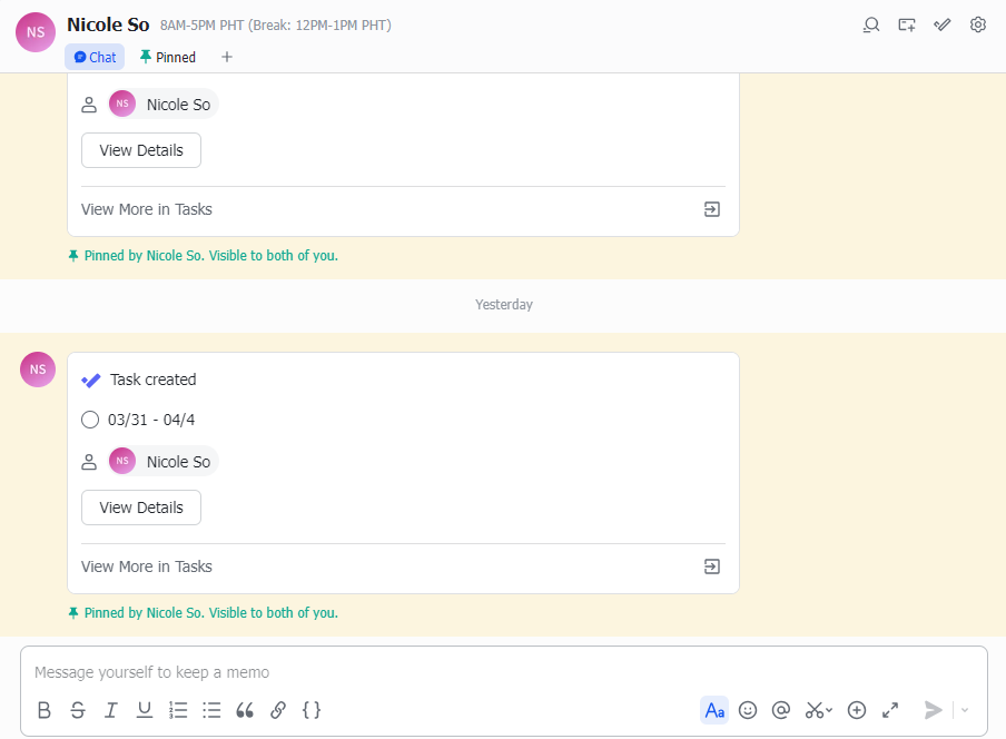 Lark features formatting options and self-notes in Messenger