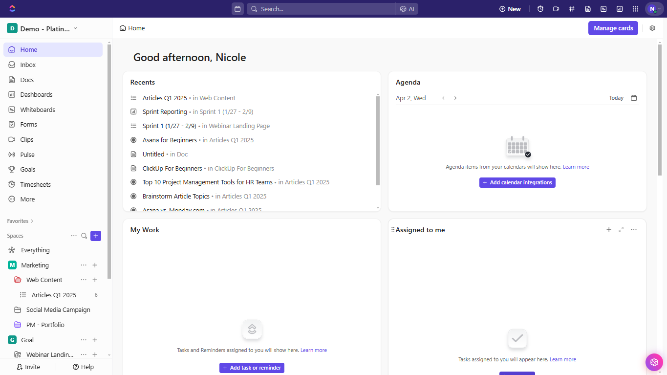 ClickUp's Home interface
