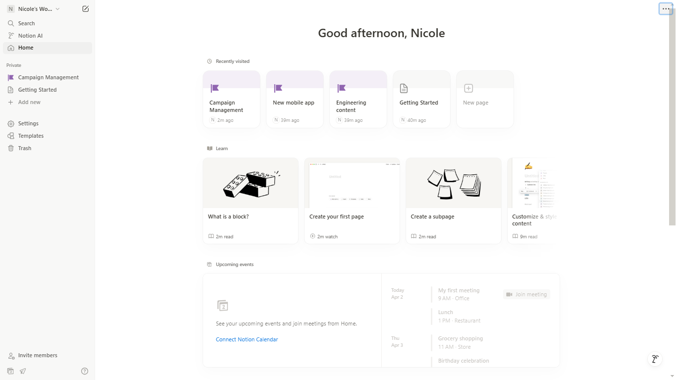 Notion's Home interface