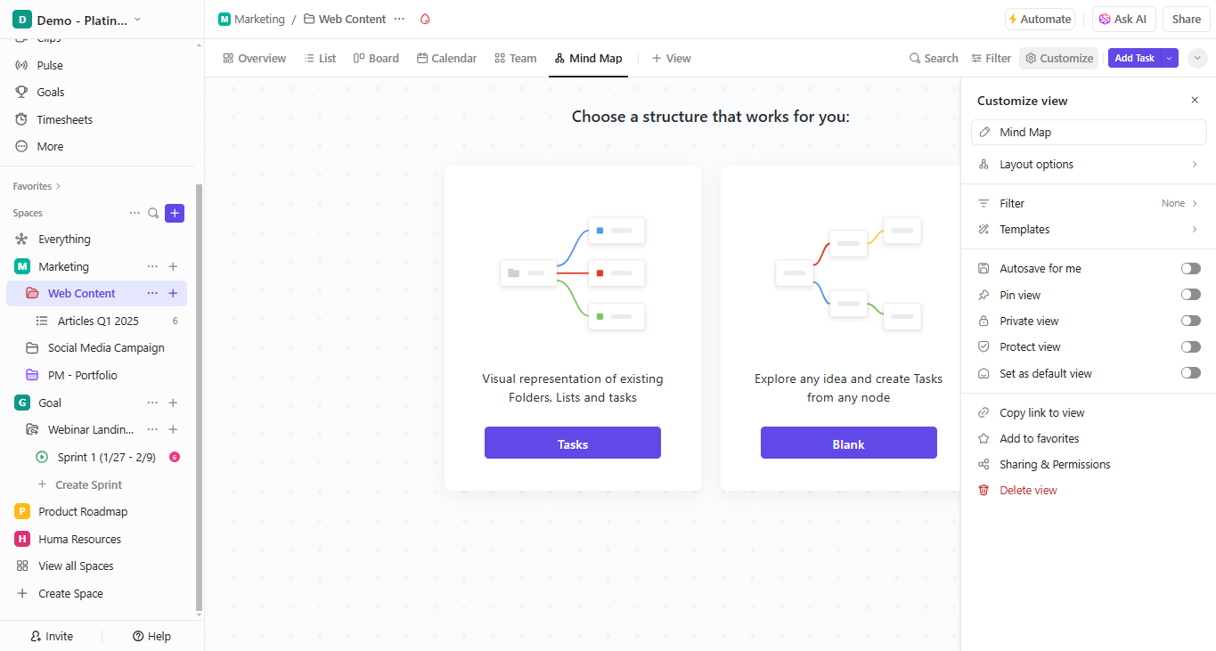 ClickUp Mind Maps have their own customization settings.