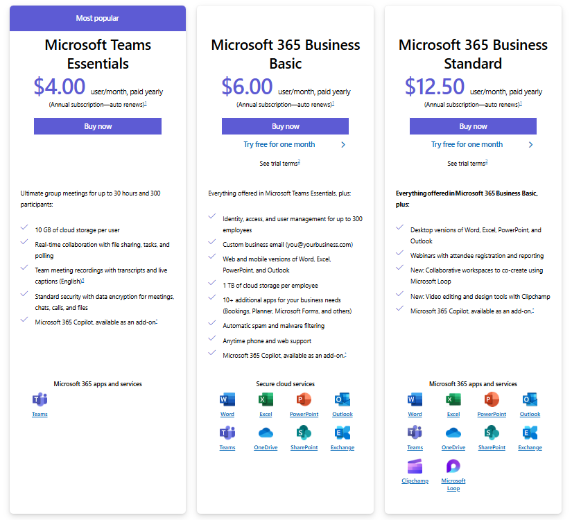Microsoft Teams' Business Plans