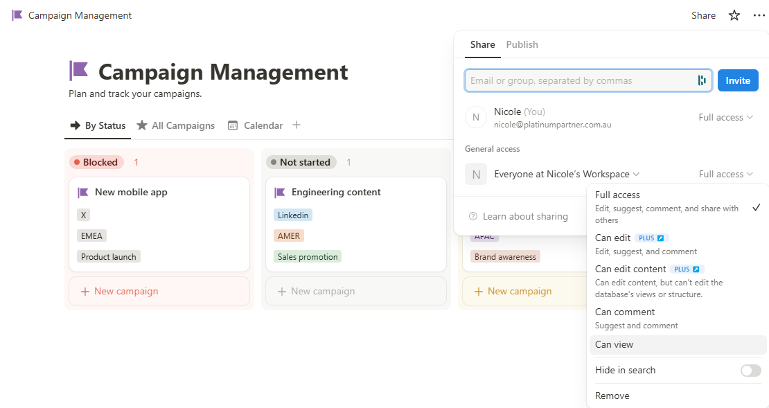 A Notion page's share settings