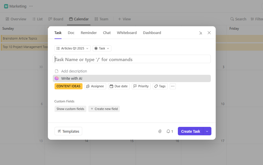 Create ClickUp tasks with the New button on the menu bar