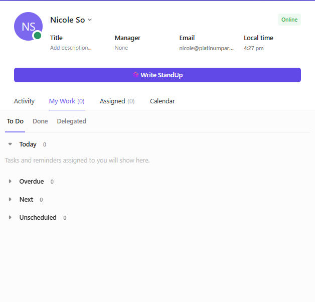 ClickUp My Tasks window opened from the Quick Action menu
