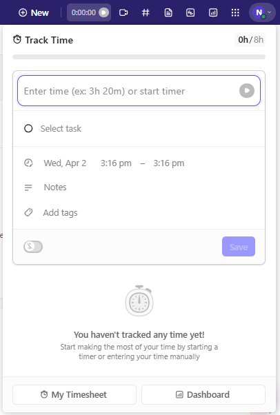 ClickUp time tracker pinned from the Quick Action menu