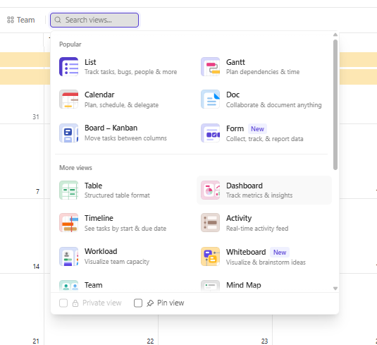 ClickUp views menu