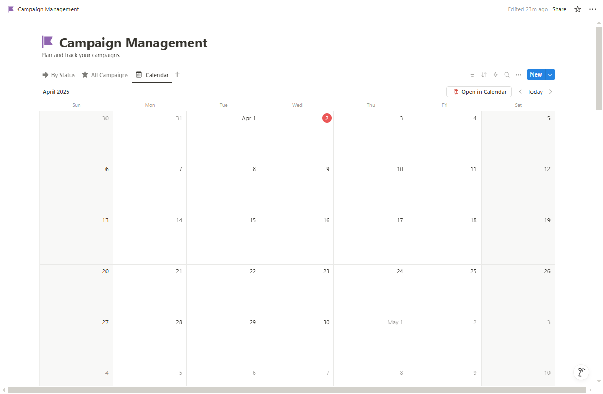A Notion campaign in calendar view